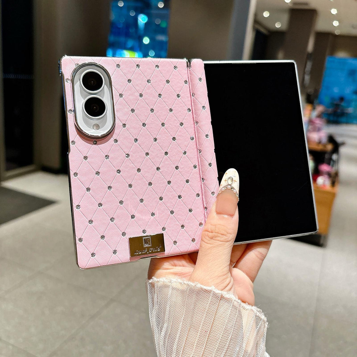 For Galaxy Z Fold8 5G Nameplate Electroplated Central Axis Magnetic Diamond Style Vegan Leather Phone Case - Pink - EDA009970501C