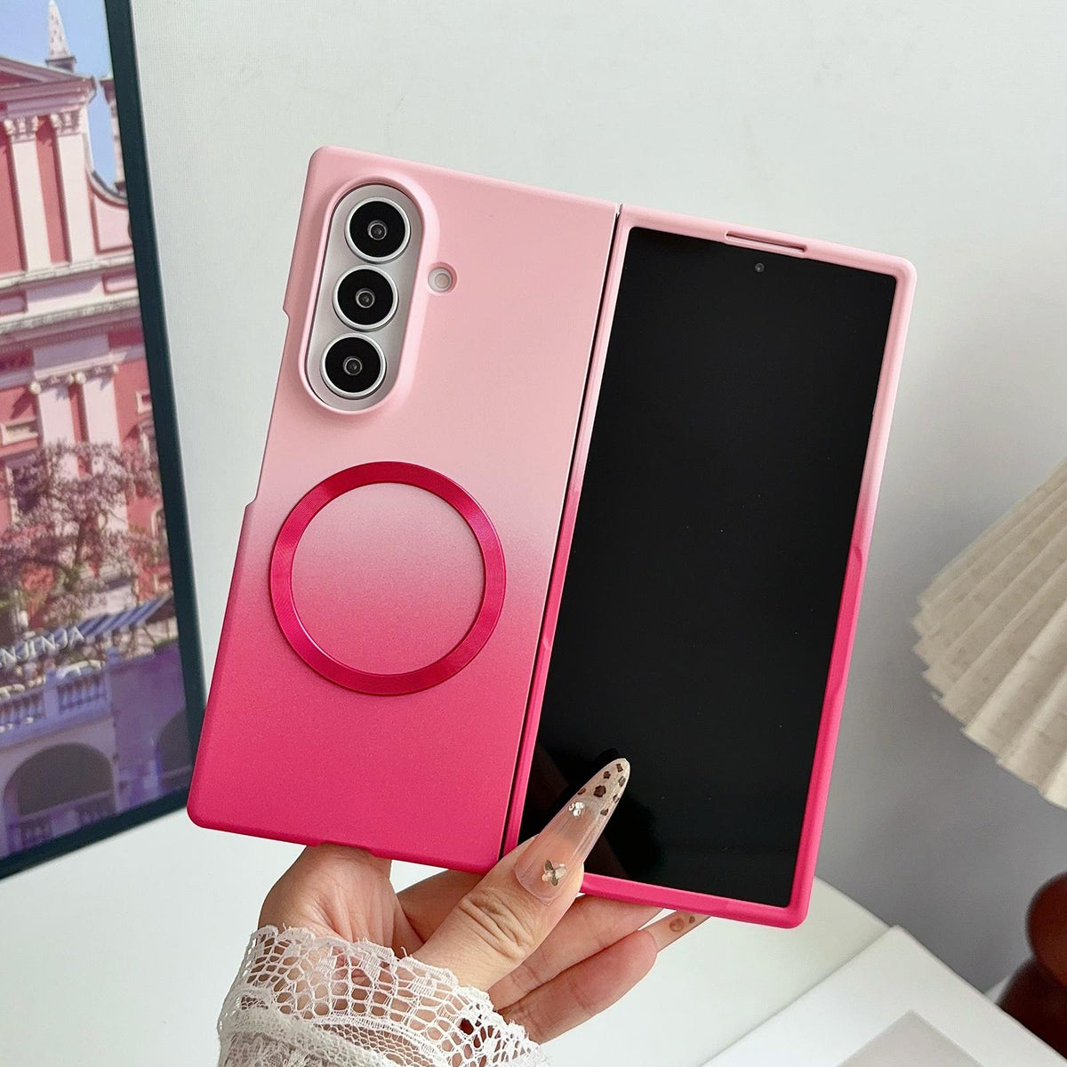 For Galaxy Z Fold7 5G Skin Feel Gradient Rose Pink Magnetic Phone Case - Default - EDA009971305