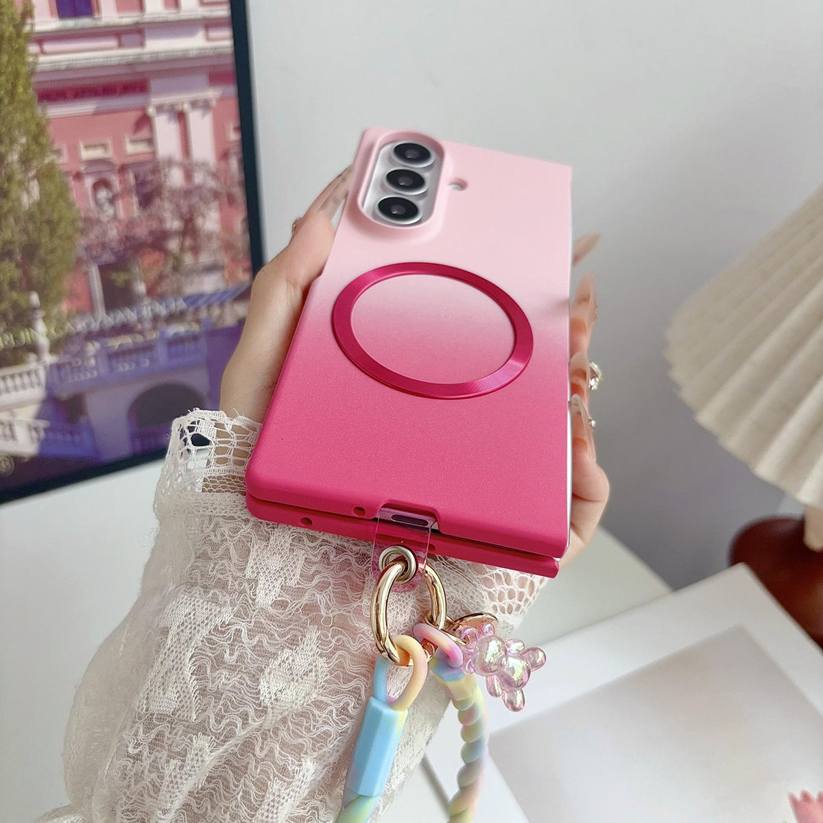For Galaxy Z Fold7 5G Skin Feel Gradient Rose Pink Magnetic Phone Case - Default - EDA009971305