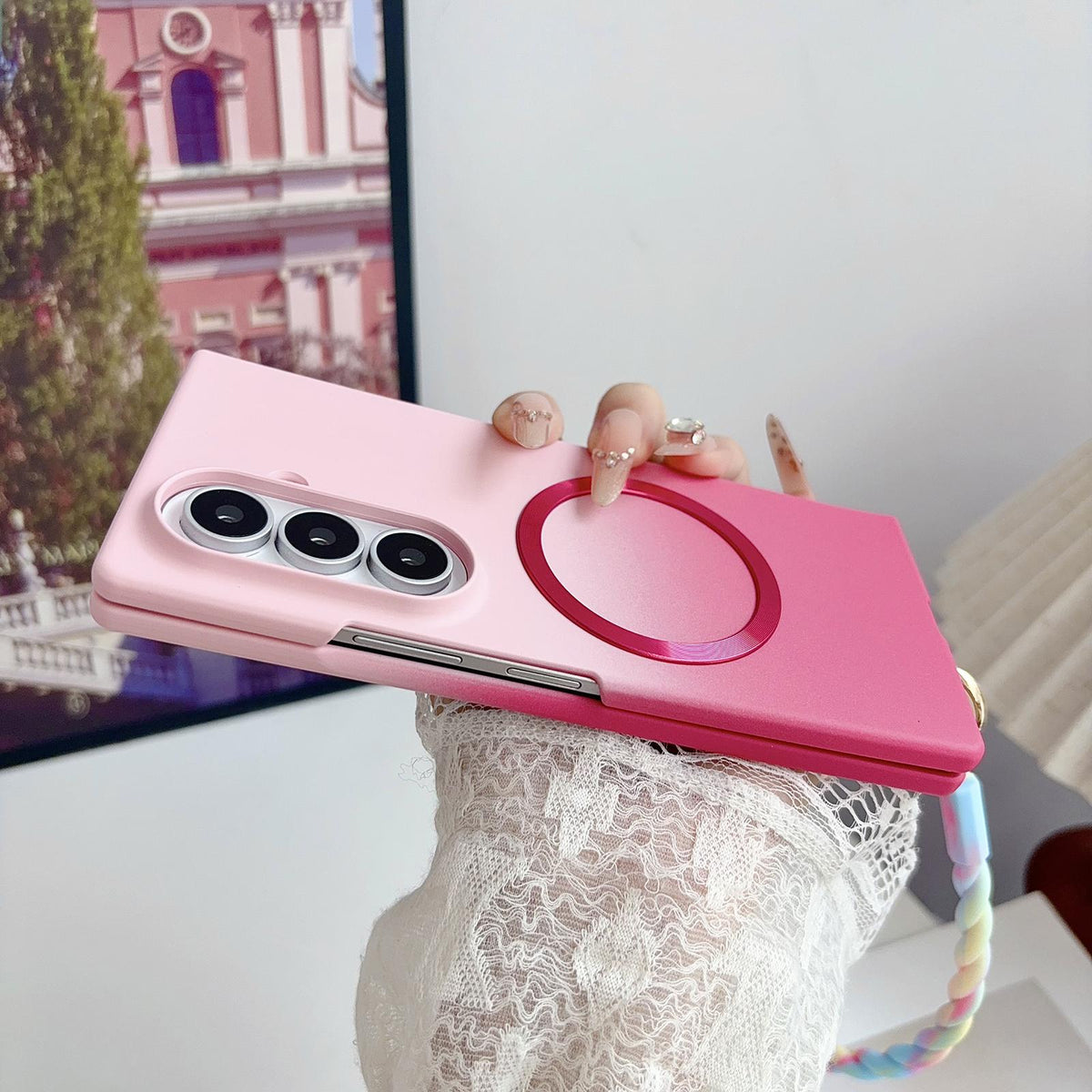 For Galaxy Z Fold5 5G Skin Feel Gradient Rose Pink Magnetic Phone Case - Default - EDA009971307