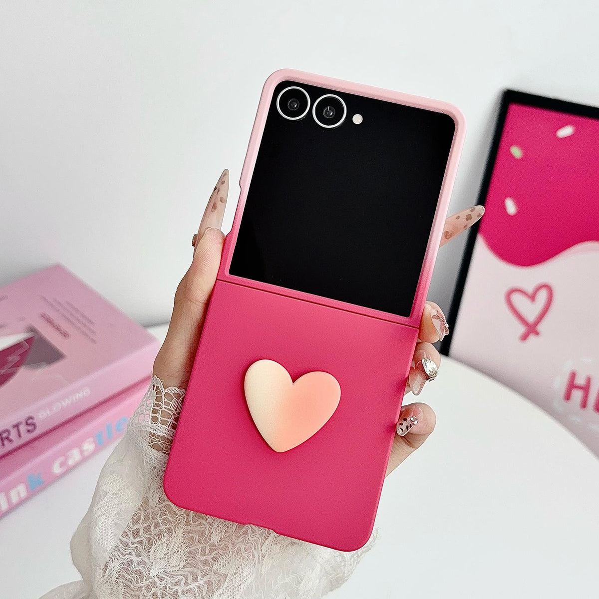 For Galaxy Z Flip8 5G Skin Feel Gradient Rose Pink DIY Heart Shaped Phone Case - Default - EDA009971903