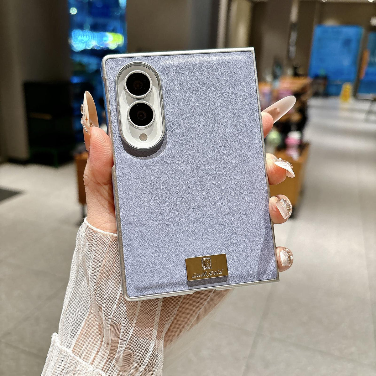 For Galaxy Z Fold8 5G Nameplate Silver Edged Morandi Solid Color Leather Textured Phone Case - Purple - EDA009972501A