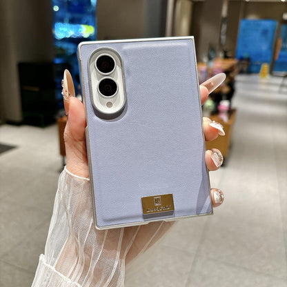For Galaxy Z Fold8 5G Nameplate Silver Edged Morandi Solid Color Leather Textured Phone Case - Purple - EDA009972501A