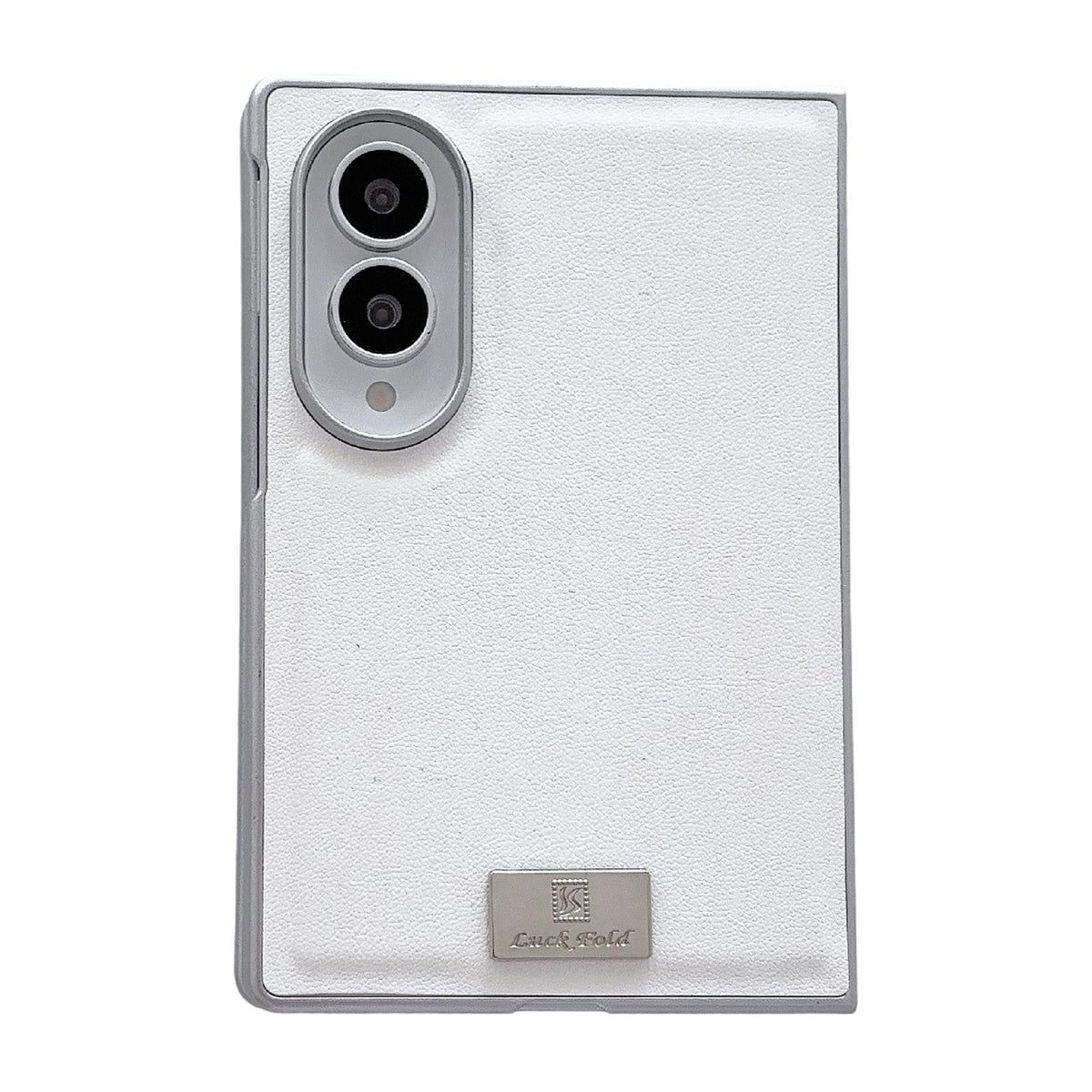 For Galaxy Z Fold8 5G Nameplate Silver Edged Morandi Solid Color Leather Textured Phone Case - White - EDA009972501B