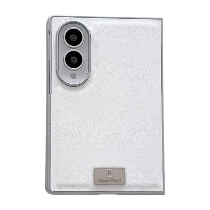For Galaxy Z Fold8 5G Nameplate Silver Edged Morandi Solid Color Leather Textured Phone Case - White - EDA009972501B