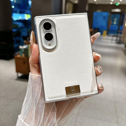 For Galaxy Z Fold8 5G Nameplate Silver Edged Morandi Solid Color Leather Textured Phone Case - White - EDA009972501B