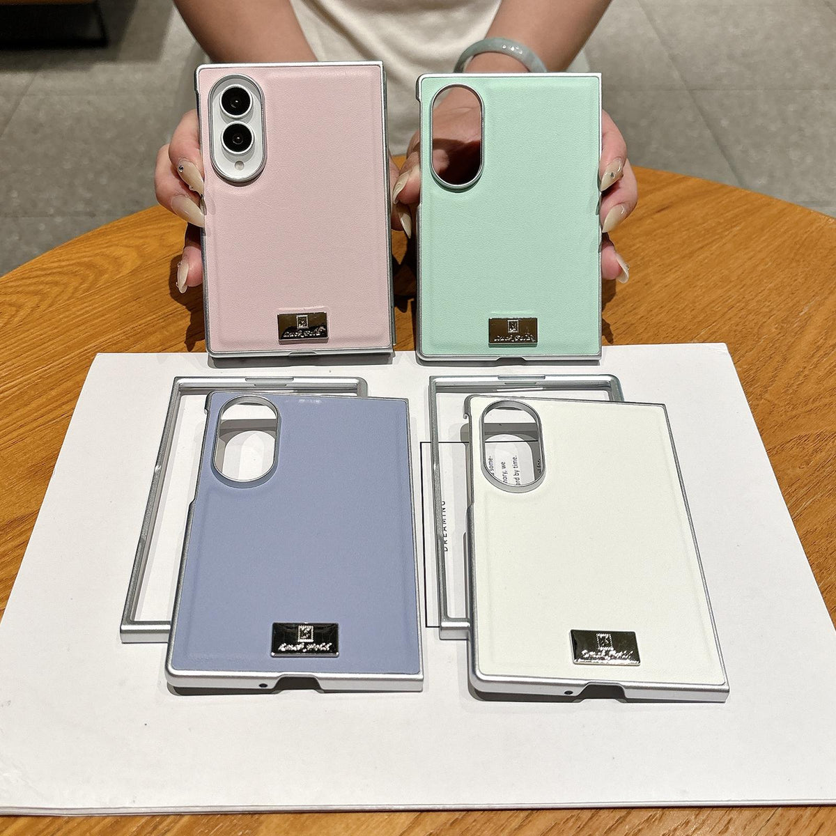 For Galaxy Z Fold8 5G Nameplate Silver Edged Morandi Solid Color Leather Textured Phone Case - White - EDA009972501B