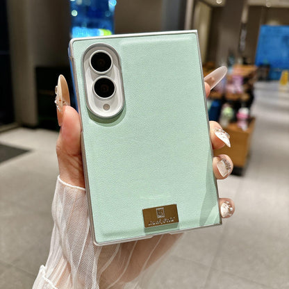 For Galaxy Z Fold8 5G Nameplate Silver Edged Morandi Solid Color Leather Textured Phone Case - Green - EDA009972501C