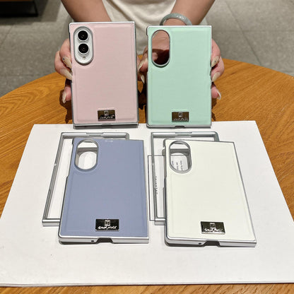 For Galaxy Z Fold8 5G Nameplate Silver Edged Morandi Solid Color Leather Textured Phone Case - Green - EDA009972501C
