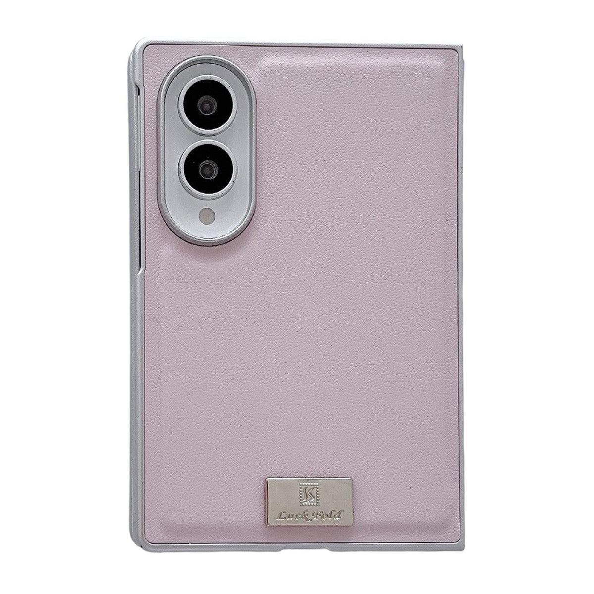 For Galaxy Z Fold8 5G Nameplate Silver Edged Morandi Solid Color Leather Textured Phone Case - Pink - EDA009972501D