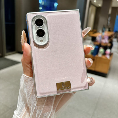 For Galaxy Z Fold8 5G Nameplate Silver Edged Morandi Solid Color Leather Textured Phone Case - Pink - EDA009972501D
