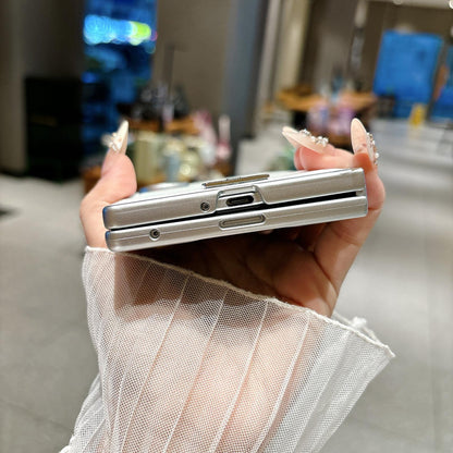For Galaxy Z Fold8 5G Nameplate Silver Edged Morandi Solid Color Leather Textured Phone Case - Pink - EDA009972501D
