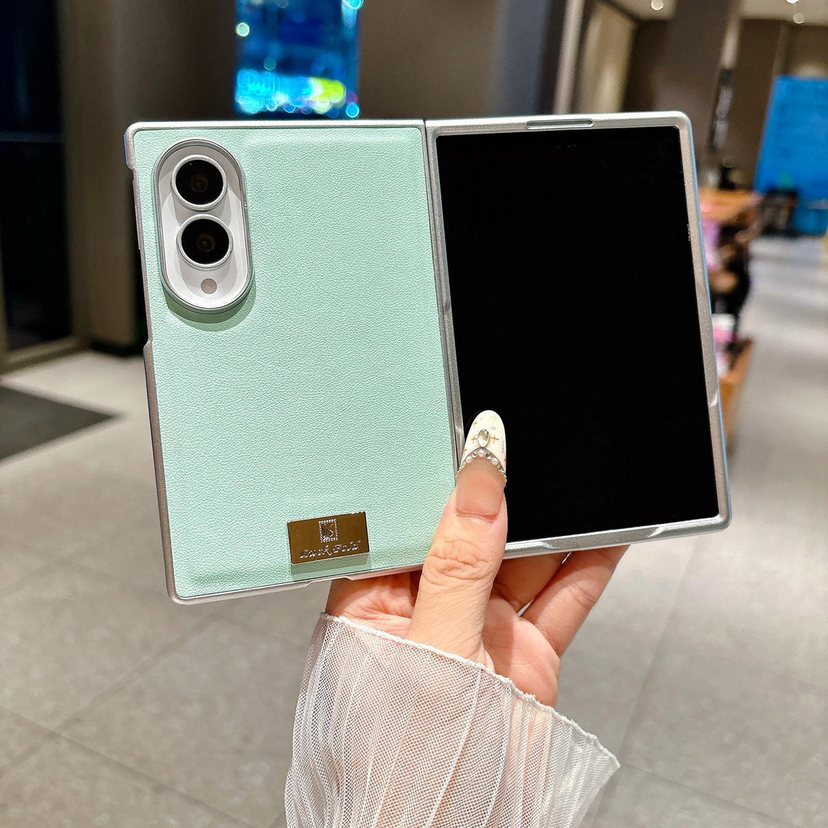 For Galaxy Z Fold8 5G Nameplate Silver Edged Morandi Solid Color Leather Textured Phone Case - Pink - EDA009972501D