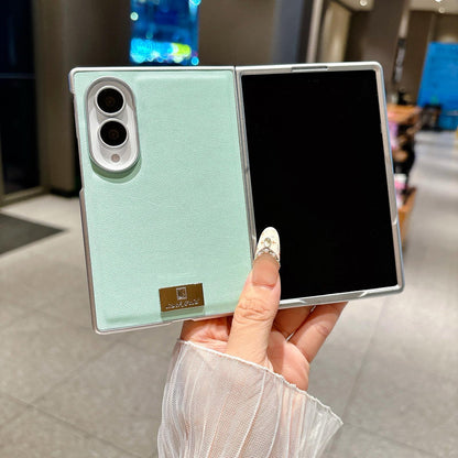 For Galaxy Z Fold8 5G Nameplate Silver Edged Morandi Solid Color Leather Textured Phone Case - Pink - EDA009972501D