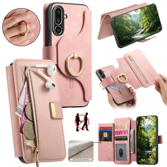 For Galaxy M56 5G Ring Zipper Wallet RFID Blocking MagSafe Leather Phone Case(Pink)