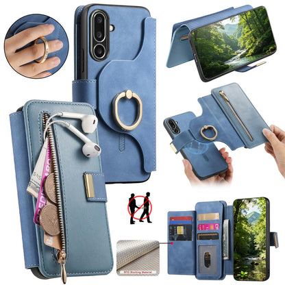 For Galaxy M56 5G Ring Zipper Wallet RFID Blocking MagSafe Leather Phone Case(Blue)