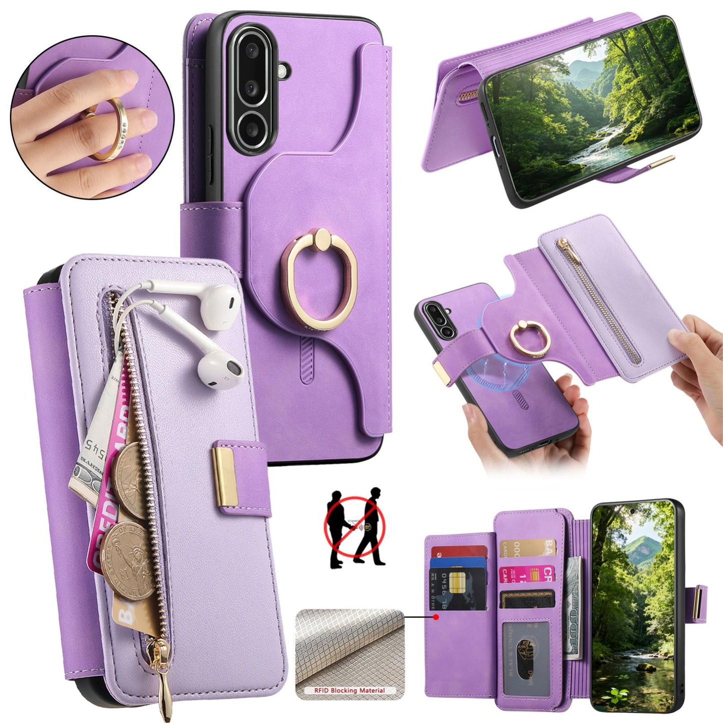 For Galaxy M56 5G Ring Zipper Wallet RFID Blocking MagSafe Leather Phone Case(Purple)