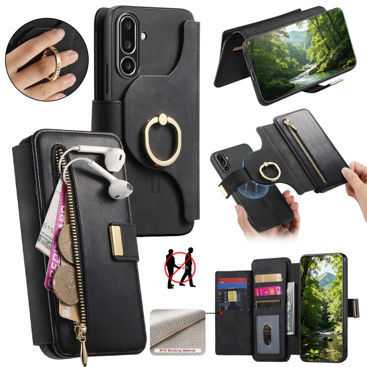 For Galaxy M56 5G Ring Zipper Wallet RFID Blocking MagSafe Leather Phone Case(Black)