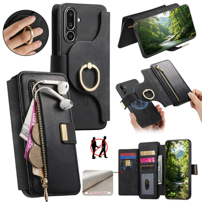 For Galaxy M56 5G Ring Zipper Wallet RFID Blocking MagSafe Leather Phone Case(Black)