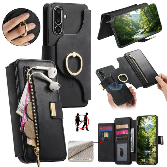 For Galaxy M56 5G Ring Zipper Wallet RFID Blocking MagSafe Leather Phone Case(Black)