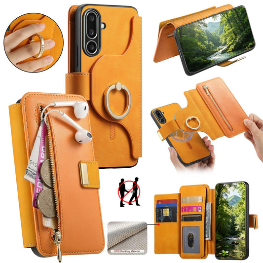 For Galaxy M56 5G Ring Zipper Wallet RFID Blocking MagSafe Leather Phone Case(Orange)