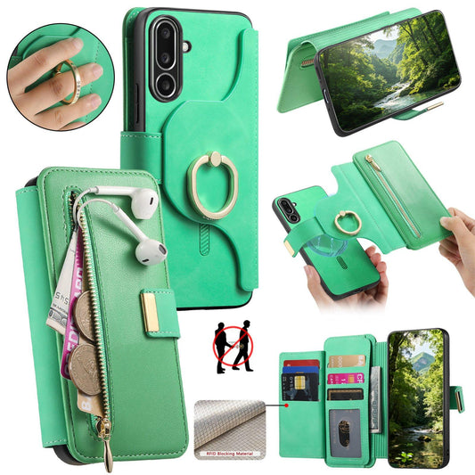 For Galaxy M56 5G Ring Zipper Wallet RFID Blocking MagSafe Leather Phone Case(Green)