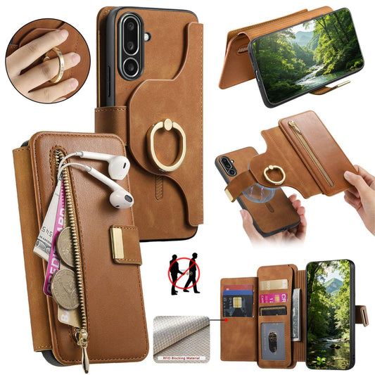 For Galaxy M56 5G Ring Zipper Wallet RFID Blocking MagSafe Leather Phone Case(Brown)