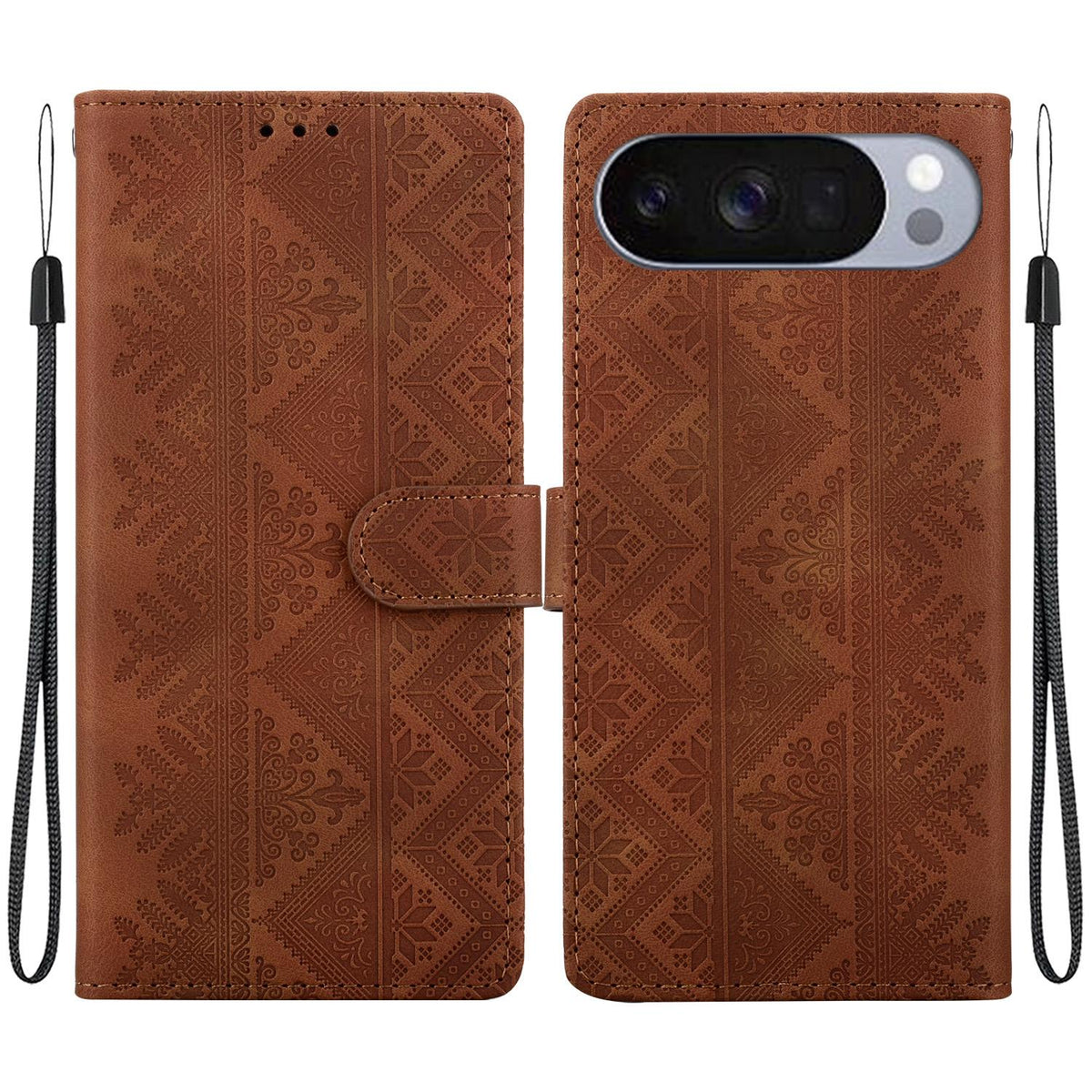 For Google Pixel 11 / 11 Pro / 10 / 10 Pro Ethnic Pattern Embossed Vegan Leather Phone Case - Brown - EDA009978301A
