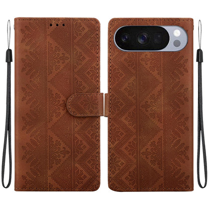 For Google Pixel 11 / 11 Pro / 10 / 10 Pro Ethnic Pattern Embossed Vegan Leather Phone Case - Brown - EDA009978301A