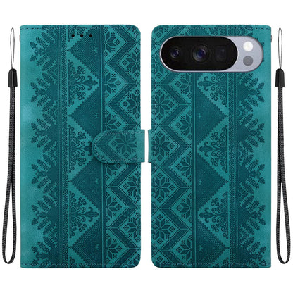 For Google Pixel 11 / 11 Pro / 10 / 10 Pro Ethnic Pattern Embossed Vegan Leather Phone Case - Green - EDA009978301B