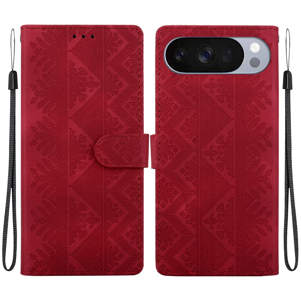 For Google Pixel 11 / 11 Pro / 10 / 10 Pro Ethnic Pattern Embossed Vegan Leather Phone Case - Red - EDA009978301C