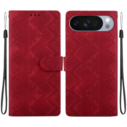 For Google Pixel 11 / 11 Pro / 10 / 10 Pro Ethnic Pattern Embossed Vegan Leather Phone Case - Red - EDA009978301C