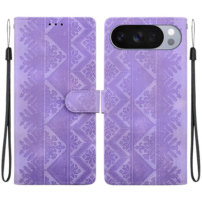 For Google Pixel 11 / 11 Pro / 10 / 10 Pro Ethnic Pattern Embossed Vegan Leather Phone Case - Purple - EDA009978301D