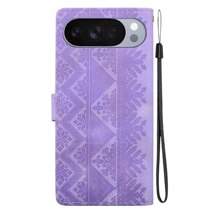 For Google Pixel 11 / 11 Pro / 10 / 10 Pro Ethnic Pattern Embossed Vegan Leather Phone Case - Purple - EDA009978301D