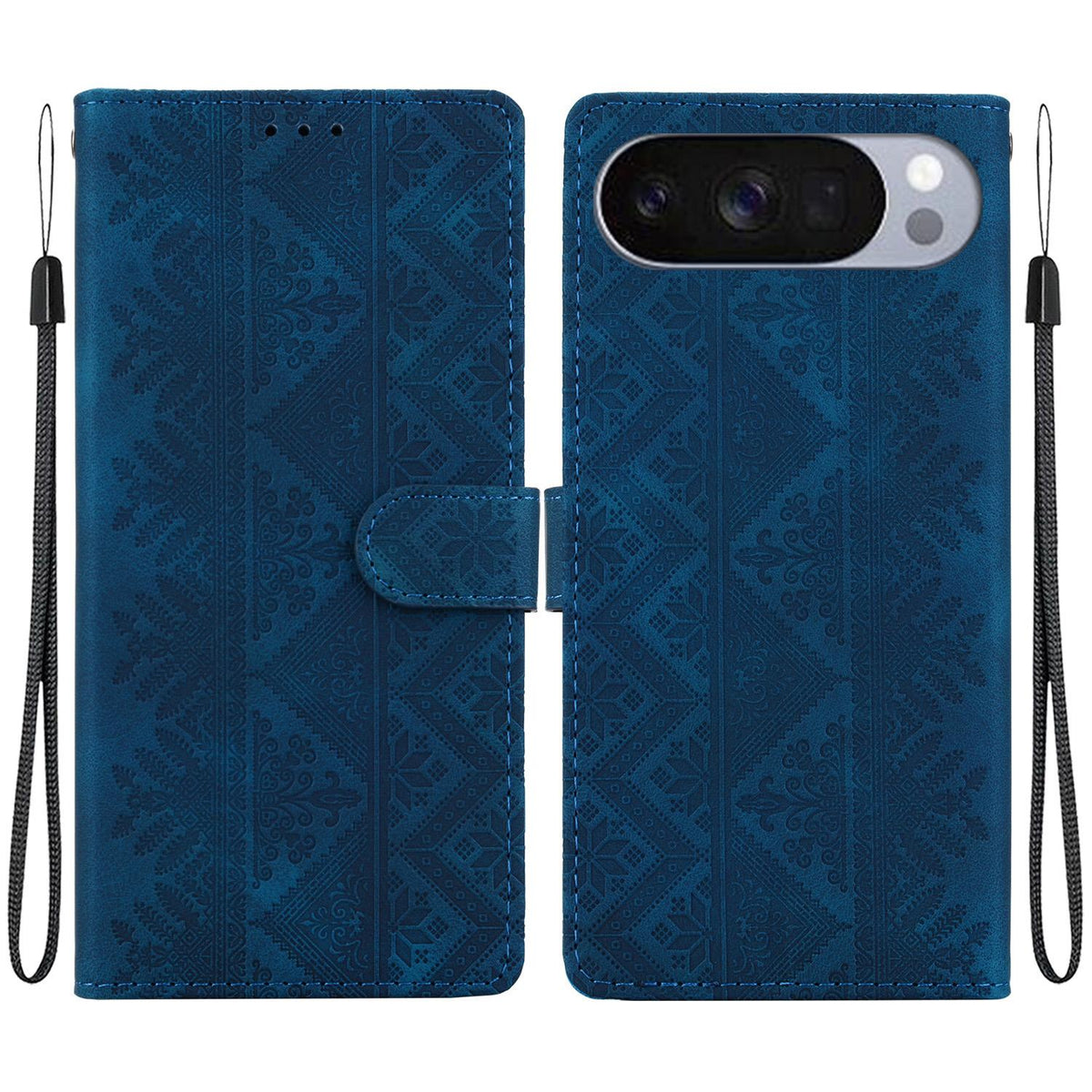 For Google Pixel 11 / 11 Pro / 10 / 10 Pro Ethnic Pattern Embossed Vegan Leather Phone Case - Dark Blue - EDA009978301E
