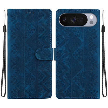 For Google Pixel 11 / 11 Pro / 10 / 10 Pro Ethnic Pattern Embossed Vegan Leather Phone Case - Dark Blue - EDA009978301E