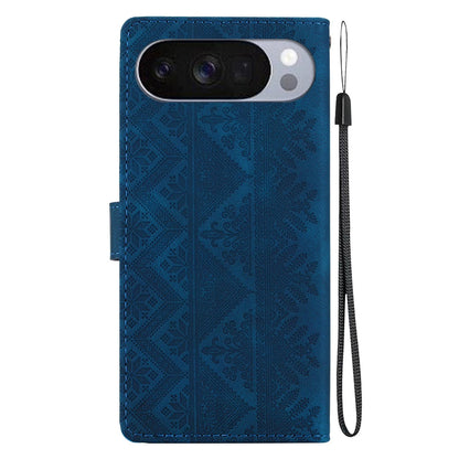For Google Pixel 11 / 11 Pro / 10 / 10 Pro Ethnic Pattern Embossed Vegan Leather Phone Case - Dark Blue - EDA009978301E