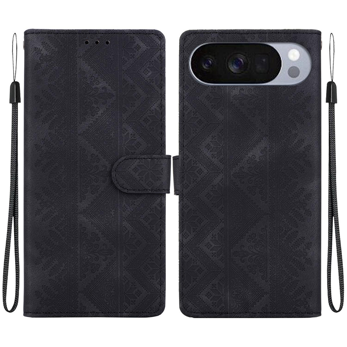 For Google Pixel 11 / 11 Pro / 10 / 10 Pro Ethnic Pattern Embossed Vegan Leather Phone Case - Black - EDA009978301F