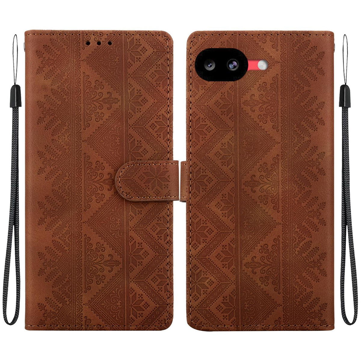 For Google Pixel 10a Ethnic Pattern Embossed Vegan Leather Phone Case - Brown - EDA009978303A