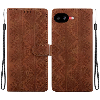 For Google Pixel 10a Ethnic Pattern Embossed Vegan Leather Phone Case - Brown - EDA009978303A