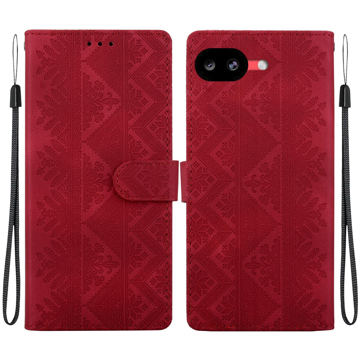 For Google Pixel 10a Ethnic Pattern Embossed Vegan Leather Phone Case - Red - EDA009978303C