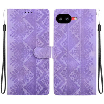 For Google Pixel 10a Ethnic Pattern Embossed Vegan Leather Phone Case - Purple - EDA009978303D