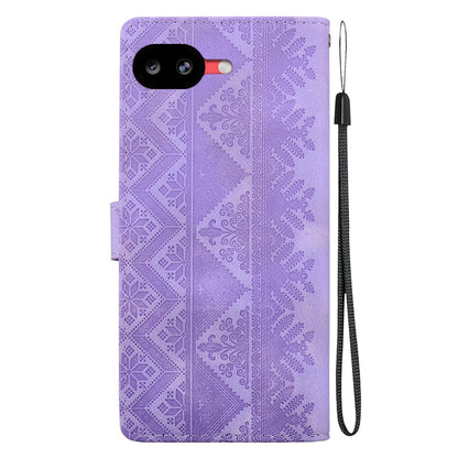 For Google Pixel 10a Ethnic Pattern Embossed Vegan Leather Phone Case - Purple - EDA009978303D