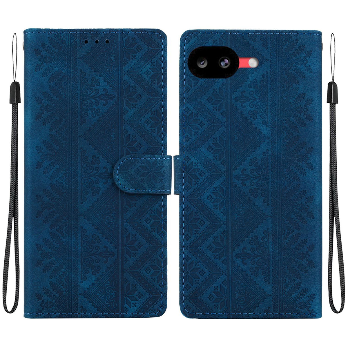 For Google Pixel 10a Ethnic Pattern Embossed Vegan Leather Phone Case - Dark Blue - EDA009978303E