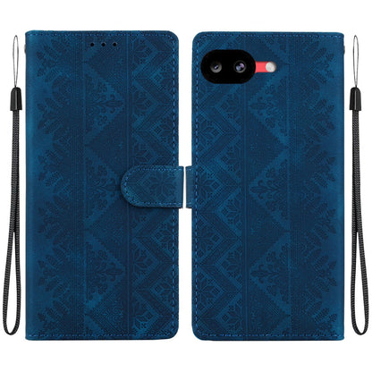 For Google Pixel 10a Ethnic Pattern Embossed Vegan Leather Phone Case - Dark Blue - EDA009978303E
