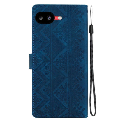 For Google Pixel 10a Ethnic Pattern Embossed Vegan Leather Phone Case - Dark Blue - EDA009978303E