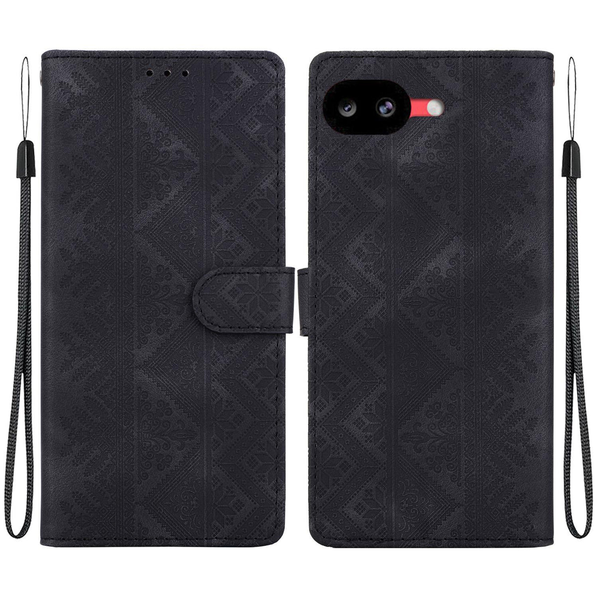 For Google Pixel 10a Ethnic Pattern Embossed Vegan Leather Phone Case - Black - EDA009978303F