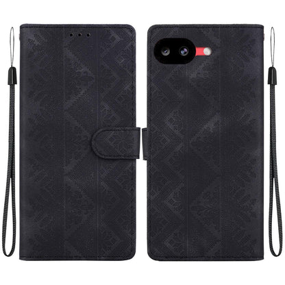 For Google Pixel 10a Ethnic Pattern Embossed Vegan Leather Phone Case - Black - EDA009978303F