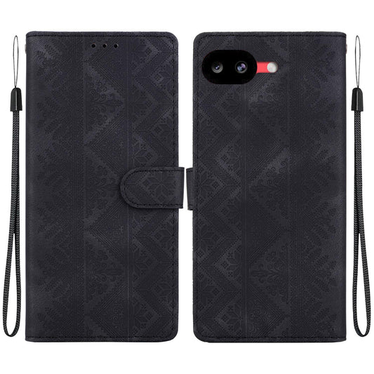 For Google Pixel 10a Ethnic Pattern Embossed Vegan Leather Phone Case - Black - EDA009978303F