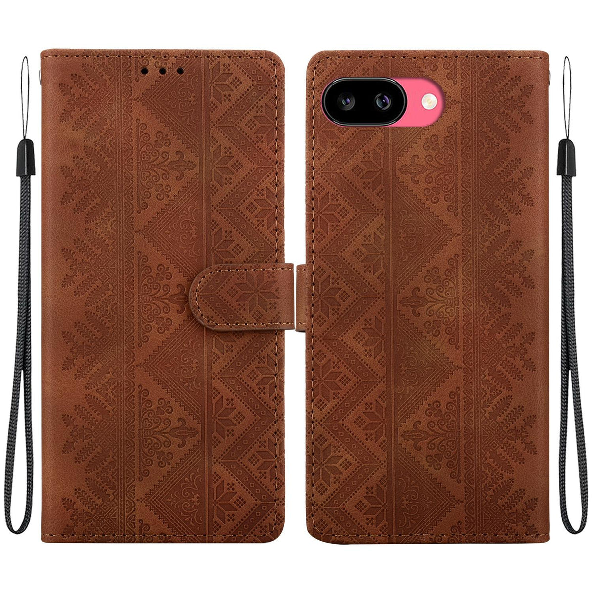 For Google Pixel 9a Ethnic Pattern Embossed Vegan Leather Phone Case - Brown - EDA009978304A